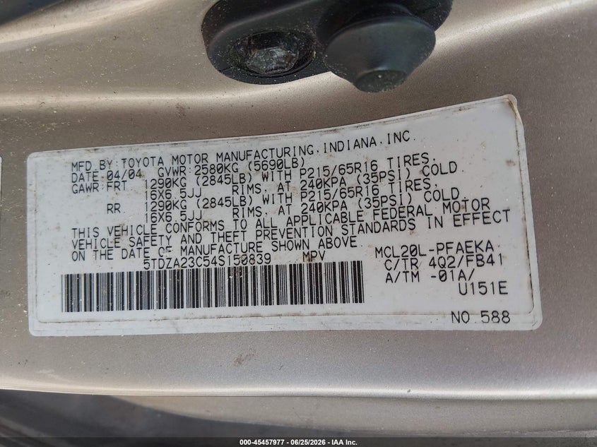 2004 Toyota Sienna VIN 5TDZA23C54S150839 IAAI salvage auction — NORMAL WEAR, Clear (Tennessee), sold $600 on 2026-07-23 (photo 9)