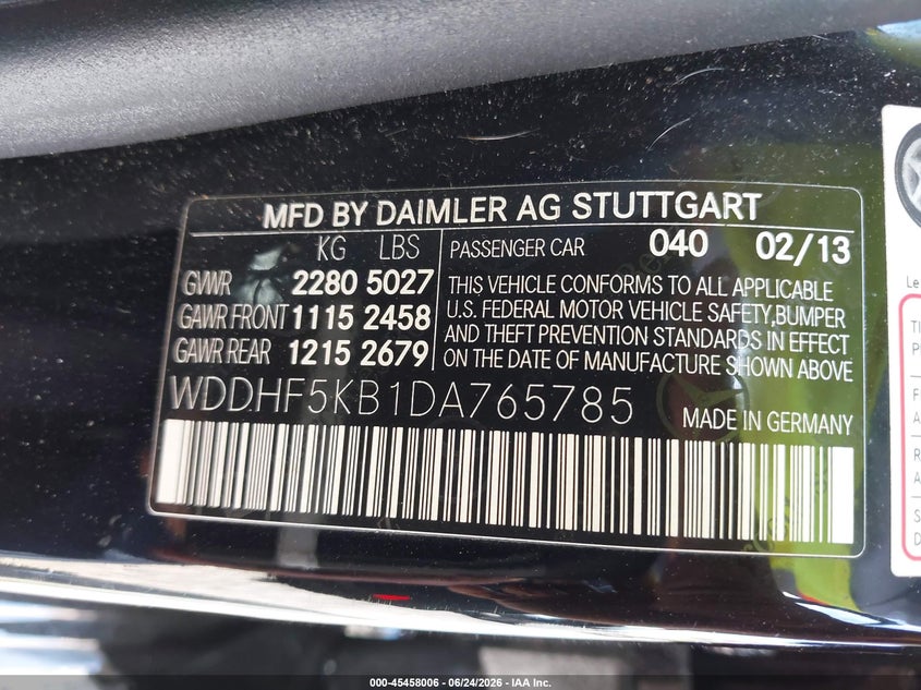 2013 Mercedes-benz E-klasse VIN WDDHF5KB1DA765785 IAAI salvage auction — LEFT SIDE, Salvage (Georgia), sold $3,550 on 2026-07-29 (photo 9)