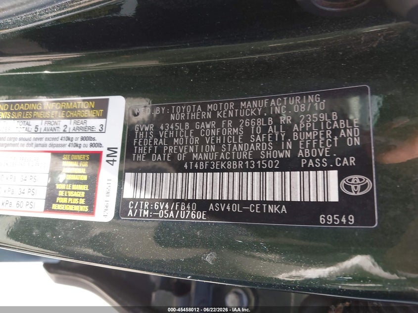 2011 Toyota Camry VIN 4T4BF3EK8BR131502 IAAI salvage auction — NORMAL WEAR, Salvage (California), sold $850 on 2026-07-09 (photo 9)