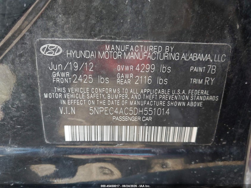 2013 Hyundai Sonata VIN 5NPEC4AC5DH551014 IAAI salvage auction — REAR END, Salvage (Ohio), sold $825 on 2026-07-16 (photo 9)