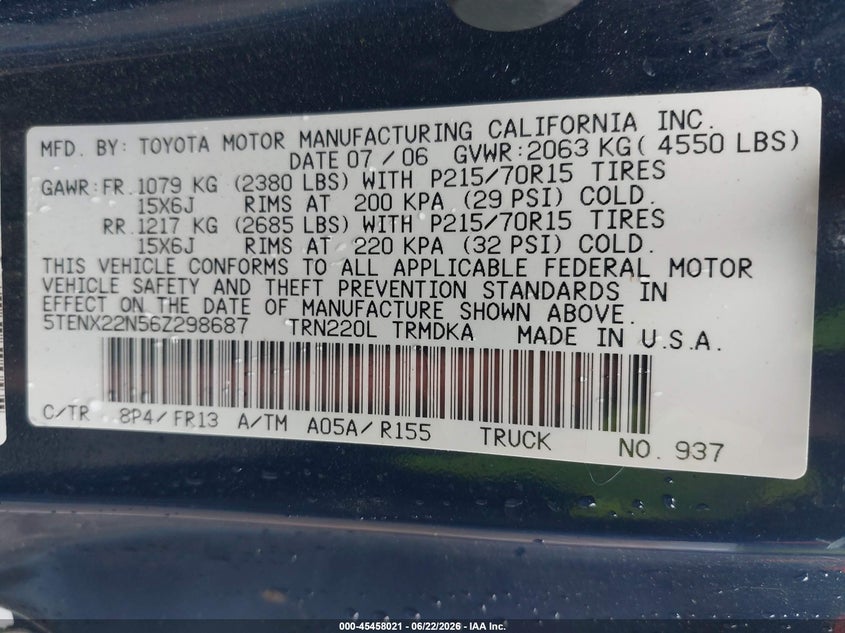 2006 Toyota Tacoma VIN 5TENX22N56Z298687 IAAI salvage auction — NORMAL WEAR, Clear (New Jersey), sold $1,450 on 2026-07-29 (photo 9)