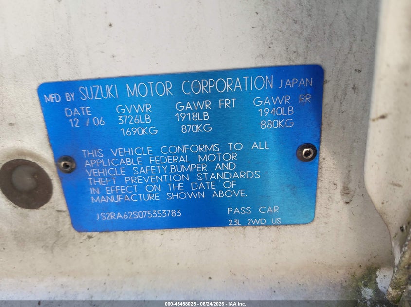 2007 Suzuki Aerio VIN JS2RA62S075353783 IAAI salvage auction — NORMAL WEAR, Clear (Washington), sold $475 on 2026-07-08 (photo 9)