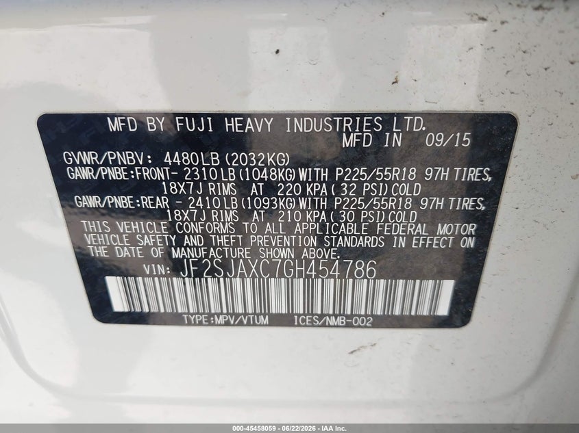 2016 Subaru Forester VIN JF2SJAXC7GH454786 IAAI salvage auction — FRONT & REAR, Salvage (California), sold $1,700 on 2026-07-08 (photo 9)