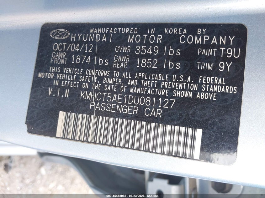 2013 Hyundai Accent VIN KMHCT5AE1DU081127 IAAI salvage auction — FRONT END, Salvage (Georgia), sold $25 on 2026-07-29 (photo 9)