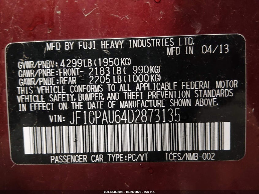 2013 Subaru Impreza VIN JF1GPAU64D2873135 IAAI salvage auction — HAIL, Salvage (Iowa), sold $2,400 on 2026-07-28 (photo 9)