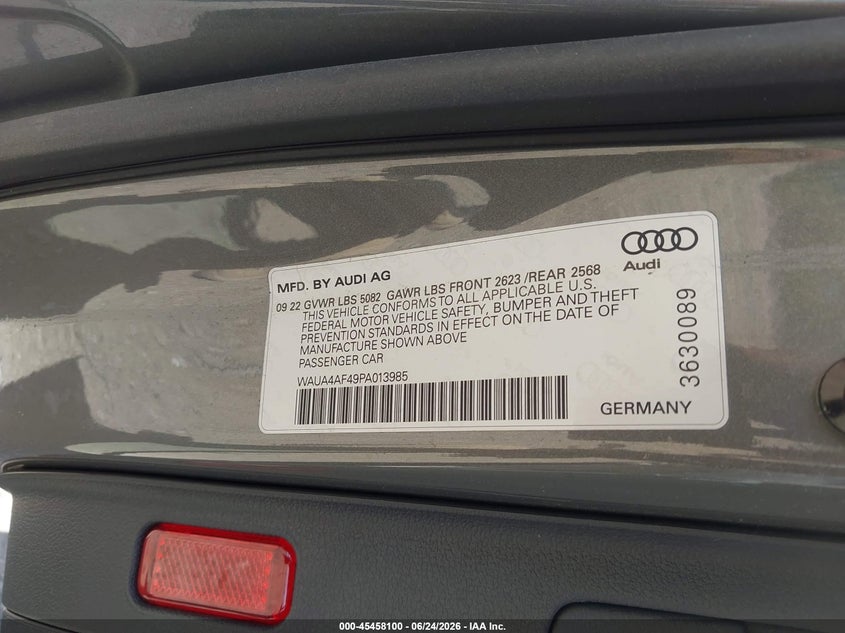 2023 Audi S4 VIN WAUA4AF49PA013985 IAAI salvage auction — FRONT END, Salvage (Pennsylvania), sold $10,500 on 2026-07-28 (photo 9)