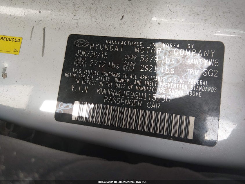 2016 Hyundai Genesis VIN KMHGN4JE9GU115230 IAAI salvage auction — NORMAL WEAR, Original (Texas), sold $1,550 on 2026-07-31 (photo 9)