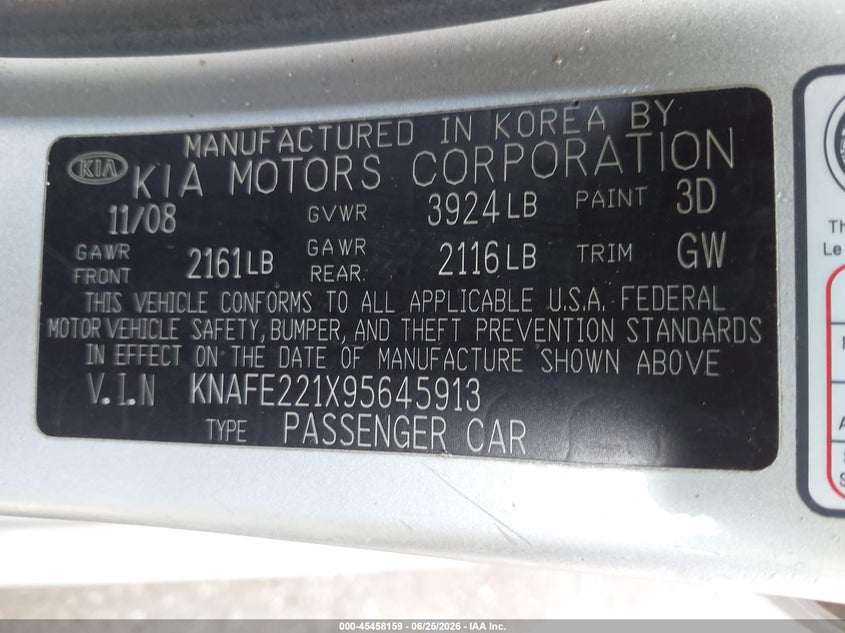 2009 Kia Spectra VIN KNAFE221X95645913 IAAI salvage auction — REAR END, Salvage (New Jersey), sold $525 on 2026-07-24 (photo 9)