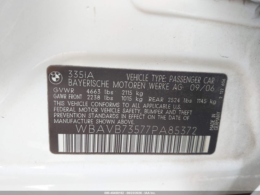 2007 BMW 3 series VIN WBAVB73577PA85372 IAAI salvage auction — REAR END, Salvage (California), sold $25 on 2026-07-10 (photo 9)