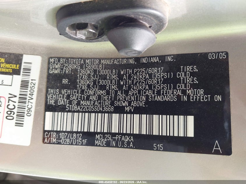 2005 Toyota Sienna VIN 5TDBA22C05S043668 IAAI salvage auction — FRONT END, Salvage (Missouri), sold $575 on 2026-07-23 (photo 9)