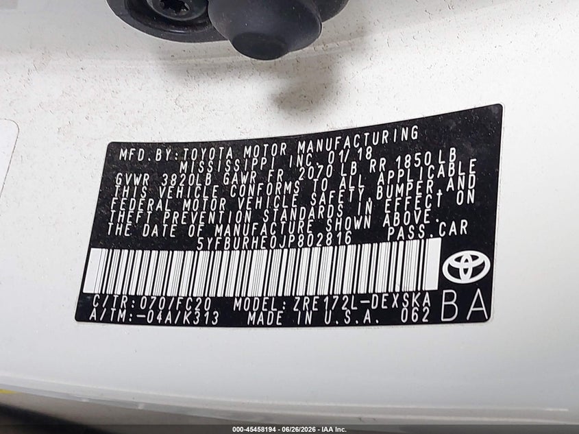 2018 Toyota Corolla VIN 5YFBURHE0JP802816 IAAI salvage auction — LEFT FRONT, Salvage Title, sold $5,450 on 2026-07-29 (photo 9)
