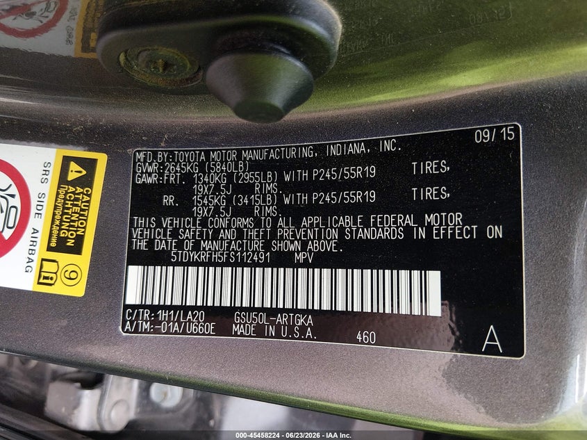 2015 Toyota Highlander VIN 5TDYKRFH5FS112491 IAAI salvage auction — FRONT END, Clear (Arkansas), sold $3,450 on 2026-07-29 (photo 9)