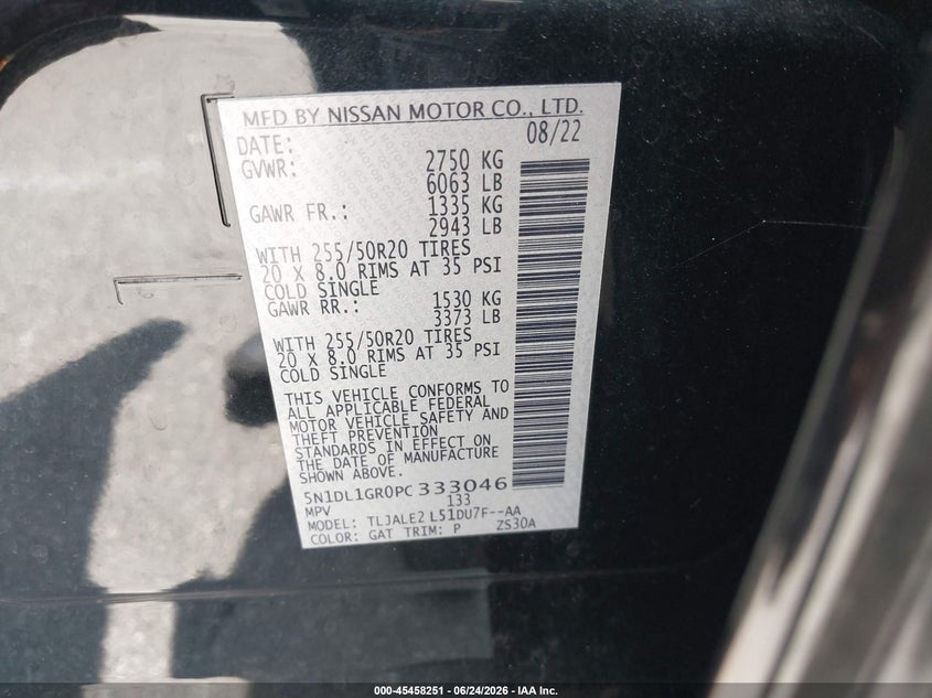 2023 Infiniti Qx60 VIN 5N1DL1GR0PC333046 IAAI salvage auction — FRONT END, Salvage Title, sold $6,550 on 2026-07-29 (photo 9)