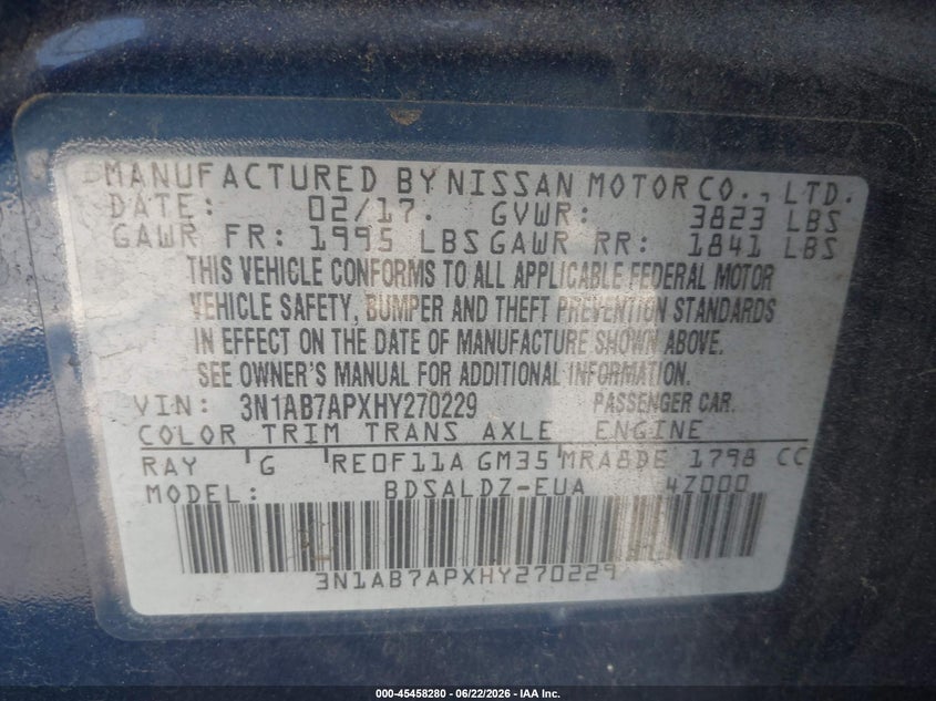 2017 Nissan Sentra VIN 3N1AB7APXHY270229 IAAI salvage auction — REAR END, Salvage (California), sold $1,400 on 2026-07-09 (photo 9)