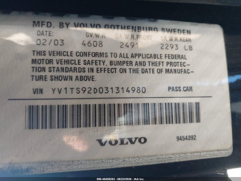 2003 Volvo S80 VIN YV1TS92D031314980 IAAI salvage auction — FRONT END, Salvage (California), sold $250 on 2026-08-11 (photo 9)