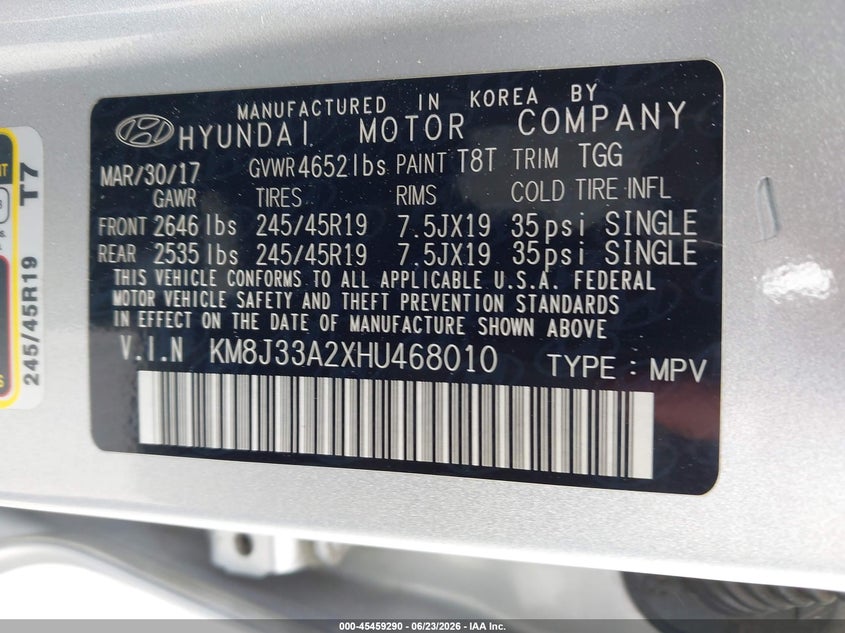 2017 Hyundai Tucson VIN KM8J33A2XHU468010 IAAI salvage auction — NORMAL WEAR, Clear - Dealer Only (California), sold $2,325 on 2026-07-20 (photo 9)
