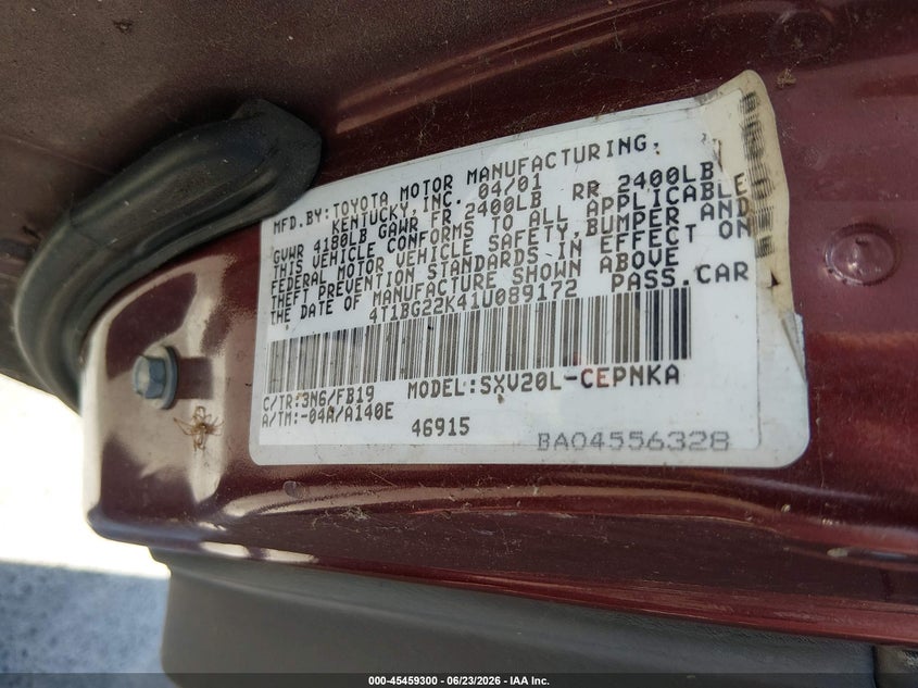 2001 Toyota Camry VIN 4T1BG22K41U089172 IAAI salvage auction — NORMAL WEAR, Clear - Dealer Only (California), sold $475 on 2026-07-09 (photo 9)
