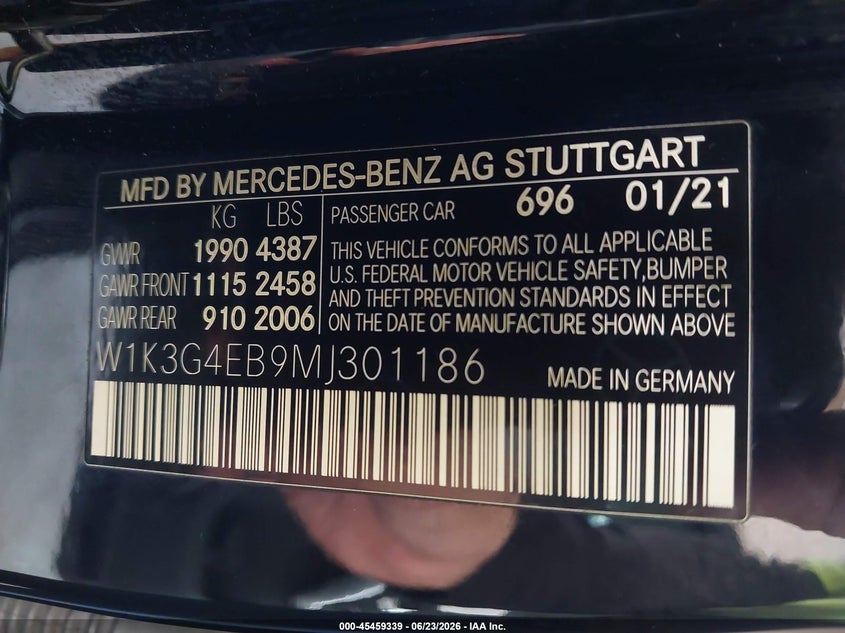 2021 Mercedes-benz A-klasse VIN W1K3G4EB9MJ301186 IAAI salvage auction — UNDERCARRIAGE, Salvage Title, sold $8,000 on 2026-07-29 (photo 9)