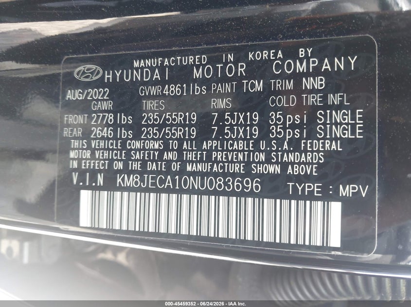 2022 Hyundai Tucson VIN KM8JECA10NU083696 IAAI salvage auction — FRONT END, Salvage (Georgia), sold $13,000 on 2026-07-29 (photo 9)
