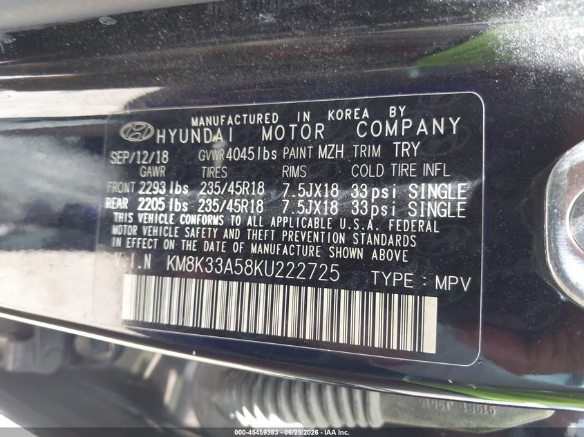 2019 Hyundai Kona VIN KM8K33A58KU222725 IAAI salvage auction — NORMAL WEAR, Original (Texas), sold $4,100 on 2026-07-28 (photo 9)