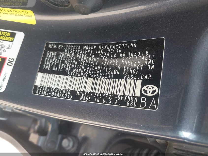 2016 Toyota Corolla VIN 5YFBURHE3GP529511 IAAI salvage auction — NORMAL WEAR, Original (Texas), sold $1,950 on 2026-07-16 (photo 9)