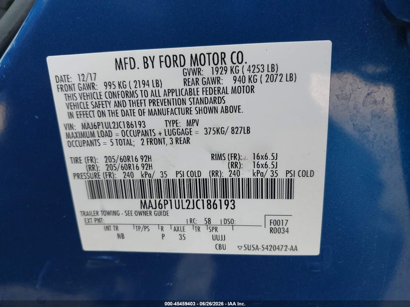 2018 Ford Ecosport VIN MAJ6P1UL2JC186193 IAAI salvage auction — FRONT END, Junk Bill Of Sale Mv2459 (Wisconsin), sold $900 on 2026-07-24 (photo 9)