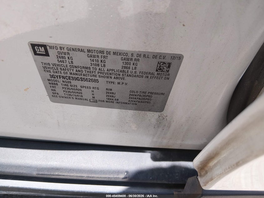 2016 Cadillac Srx VIN 3GYFNCE39GS562685 IAAI salvage auction — FRONT END, Original (Texas), sold $1,650 on 2026-07-21 (photo 9)