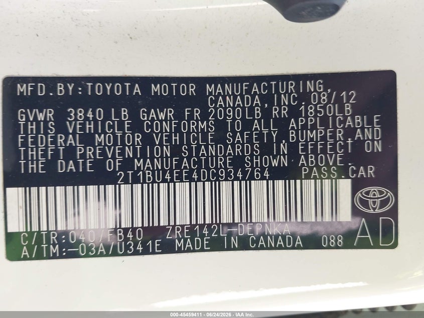 2013 Toyota Corolla VIN 2T1BU4EE4DC934764 IAAI salvage auction — RIGHT REAR, Salvage - Greater Than 75% (Maryland), sold $2,650 on 2026-07-18 (photo 9)