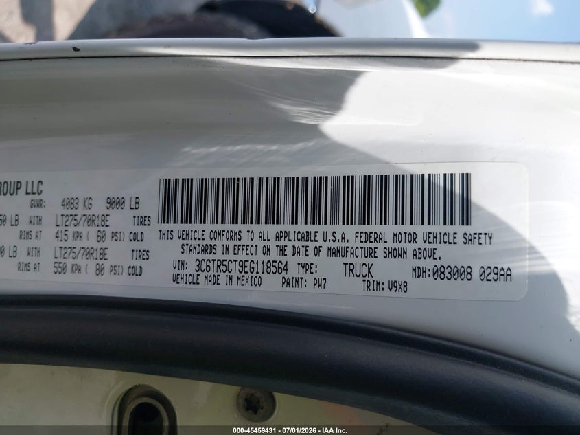 2014 Ram 2500 VIN 3C6TR5CT9EG118564 IAAI salvage auction — FRAME DAMAGE, Salvage Title, sold $7,050 on 2026-08-29 (photo 9)