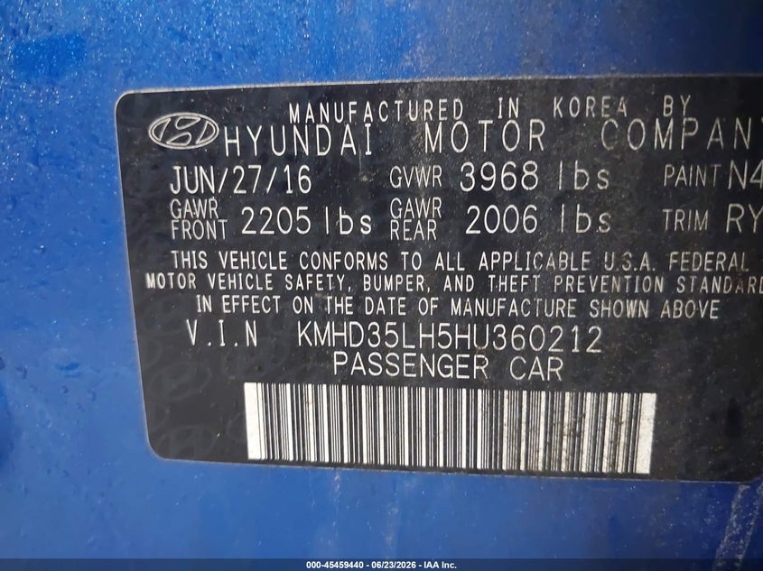 2017 Hyundai Elantra VIN KMHD35LH5HU360212 IAAI salvage auction — NORMAL WEAR, Clear (New York), sold $600 on 2026-07-08 (photo 9)