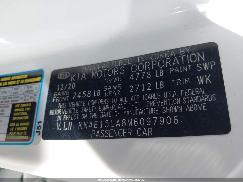 2021 Kia Stinger VIN KNAE15LA8M6097906 IAAI salvage auction — FRONT END, Clear (Florida), sold $4,050 on 2026-07-28 (photo 9)