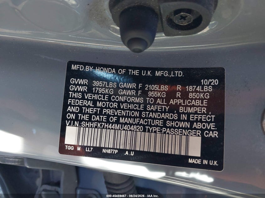 2021 Honda Civic VIN SHHFK7H44MU404820 IAAI salvage auction — FRONT END, Salvage Title, sold $4,850 on 2026-07-24 (photo 9)