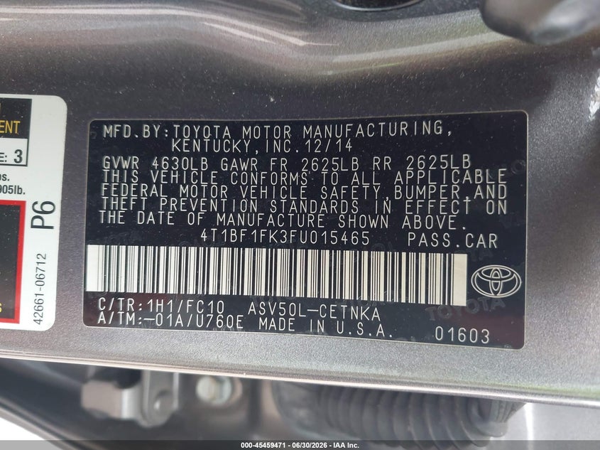 2015 Toyota Camry VIN 4T1BF1FK3FU015465 IAAI salvage auction — LEFT FRONT, Salvage Title, sold $1,200 on 2026-07-23 (photo 9)