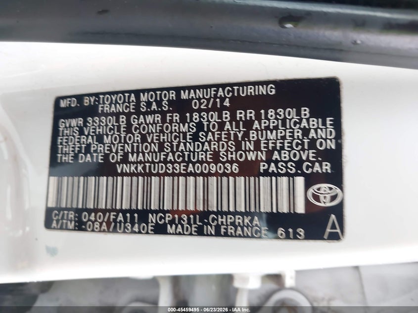 2014 Toyota Yaris VIN VNKKTUD33EA009036 IAAI salvage auction — LEFT SIDE, Salvage - Greater Than 75% (Maryland), sold $2,200 on 2026-07-15 (photo 9)