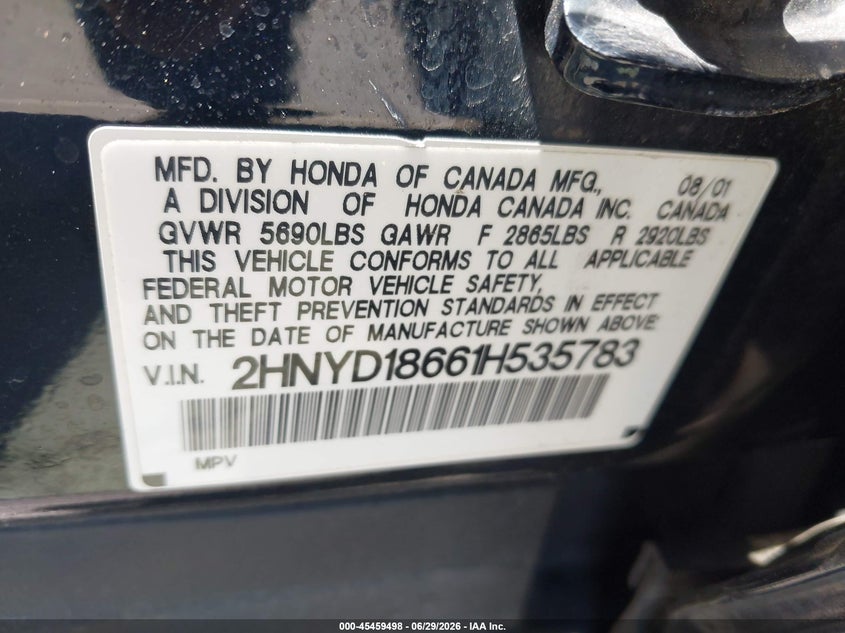 2001 Acura Mdx VIN 2HNYD18661H535783 IAAI salvage auction — FRONT END, Salvage (California), sold $475 on 2026-07-08 (photo 9)