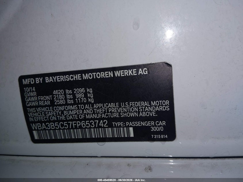 2015 BMW 3er VIN WBA3B5C57FP653742 IAAI salvage auction — FRONT END, Wait Title, sold $1,650 on 2026-08-21 (photo 9)