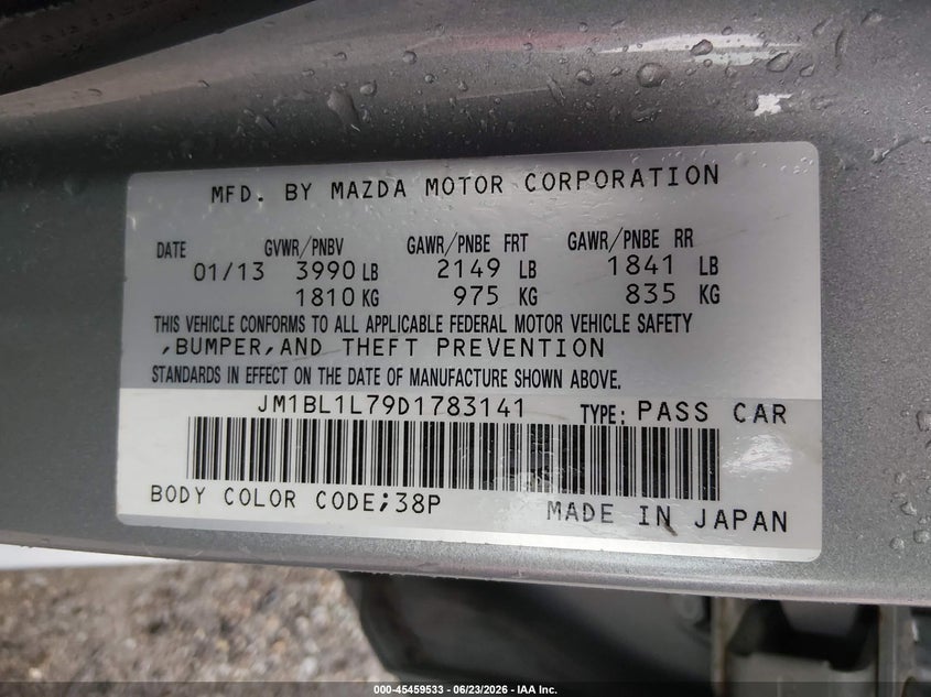 2013 Mazda 3 VIN JM1BL1L79D1783141 IAAI salvage auction — LEFT SIDE, Salvage (Kansas), sold $25 on 2026-07-24 (photo 9)