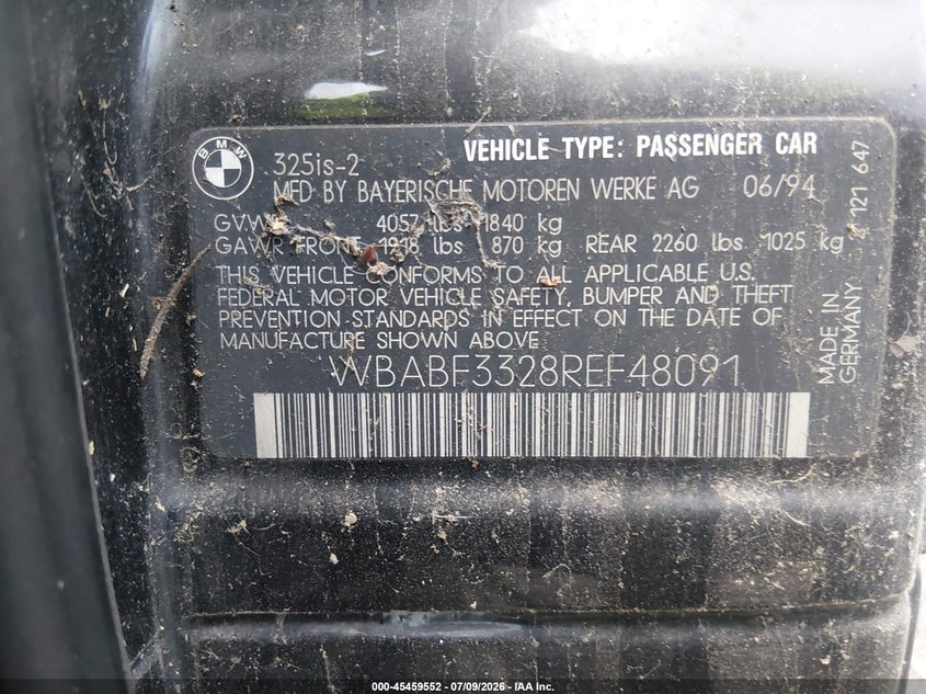 1994 BMW 3 series VIN WBABF3328REF48091 IAAI salvage auction — NORMAL WEAR, Clear (District Of Columbia), sold $2,550 on 2026-07-15 (photo 9)