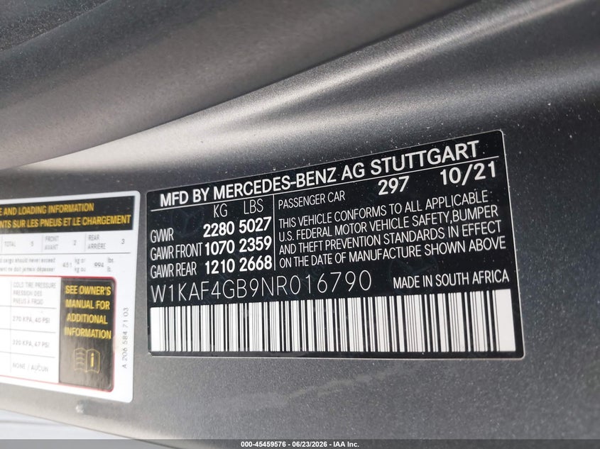 2022 Mercedes-benz C-klasse VIN W1KAF4GB9NR016790 IAAI salvage auction — RIGHT FRONT, Salvage Title, sold $14,100 on 2026-07-22 (photo 9)
