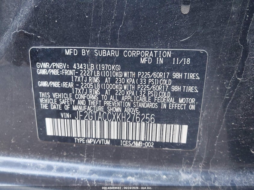 2019 Subaru Xv VIN JF2GTACCXKH276256 IAAI salvage auction — FRONT END, Salvage (Vermont), sold $1,150 on 2026-07-23 (photo 9)