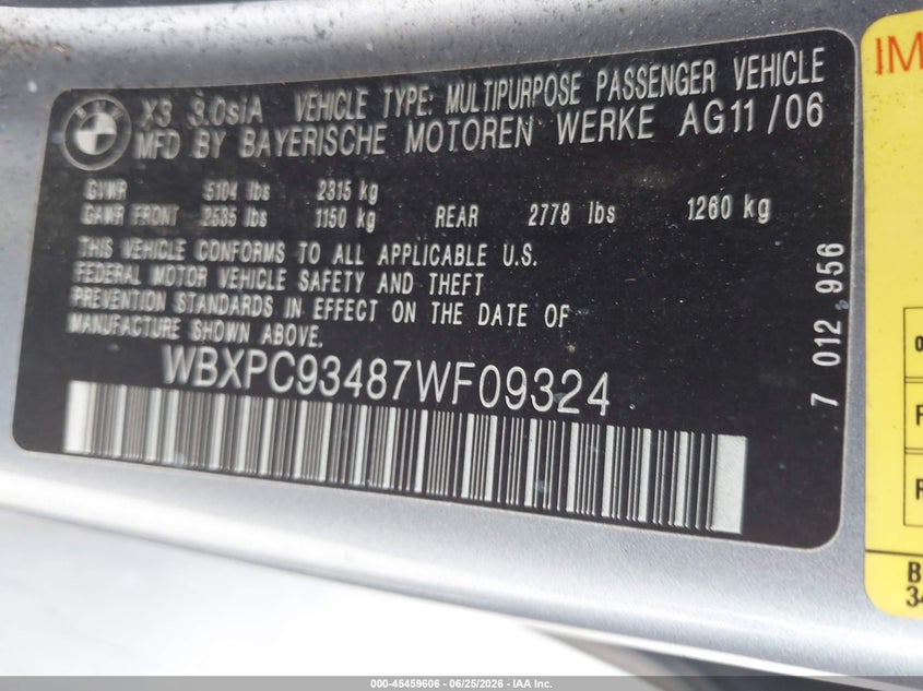 2007 BMW X3 VIN WBXPC93487WF09324 IAAI salvage auction — REAR END, Salvage (Georgia), sold $200 on 2026-07-29 (photo 9)