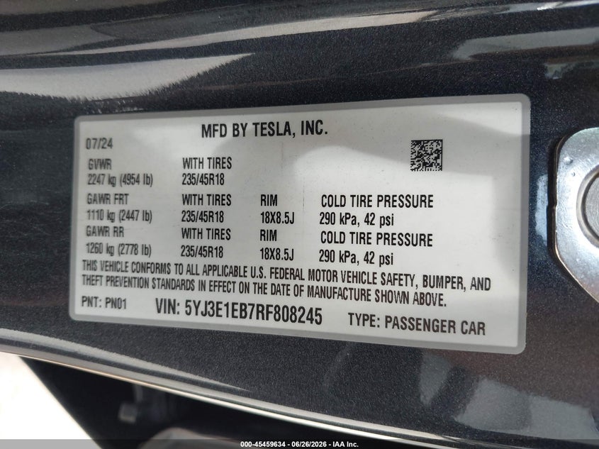 2024 Tesla Model 3 VIN 5YJ3E1EB7RF808245 IAAI salvage auction — UNDERCARRIAGE, Wait Title, sold $16,050 on 2026-09-03 (photo 9)