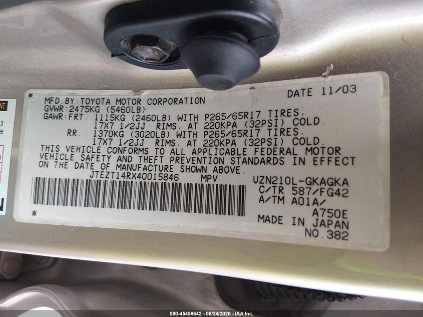 2004 Toyota 4runner VIN JTEZT14RX40015846 IAAI salvage auction — RIGHT FRONT, Salvage (Arizona), sold $1,250 on 2026-07-21 (photo 9)