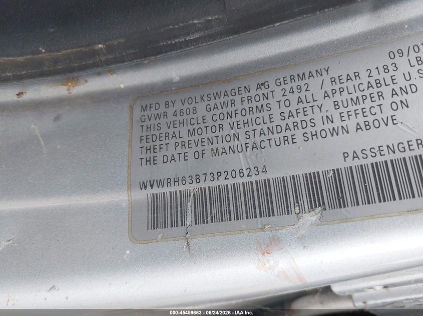2003 Volkswagen Passat VIN WVWRH63B73P206234 IAAI salvage auction — NORMAL WEAR, Clear (Indiana), sold $425 on 2026-07-15 (photo 9)