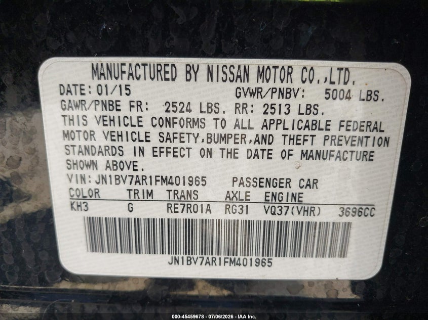 2015 Infiniti Q50 VIN JN1BV7AR1FM401965 IAAI salvage auction — HAIL, Clear (Wisconsin), sold $2,850 on 2026-07-10 (photo 9)