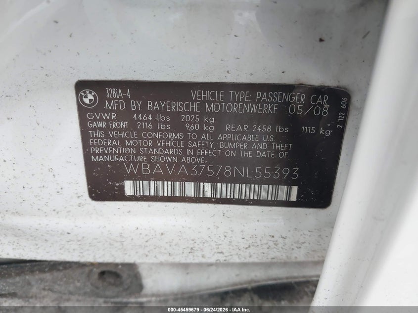 2008 BMW 3 series VIN WBAVA37578NL55393 IAAI salvage auction — LEFT SIDE, Rebuildable (Florida), sold $325 on 2026-07-29 (photo 9)