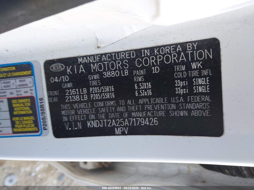 2010 Kia Soul VIN KNDJT2A25A7179426 IAAI salvage auction — NORMAL WEAR, Clear (Pennsylvania), sold $350 on 2026-07-28 (photo 9)