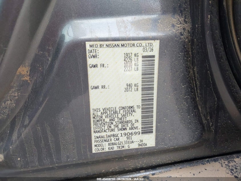 2016 Nissan Altima VIN 1N4AL3AP8GC190699 IAAI salvage auction — RIGHT FRONT, Salvage (Mississippi), sold $800 on 2026-07-10 (photo 9)