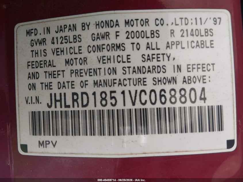 1997 Honda Cr-v VIN JHLRD1851VC068804 IAAI salvage auction — NORMAL WEAR, Salvage (Ohio), sold $200 on 2026-07-15 (photo 9)