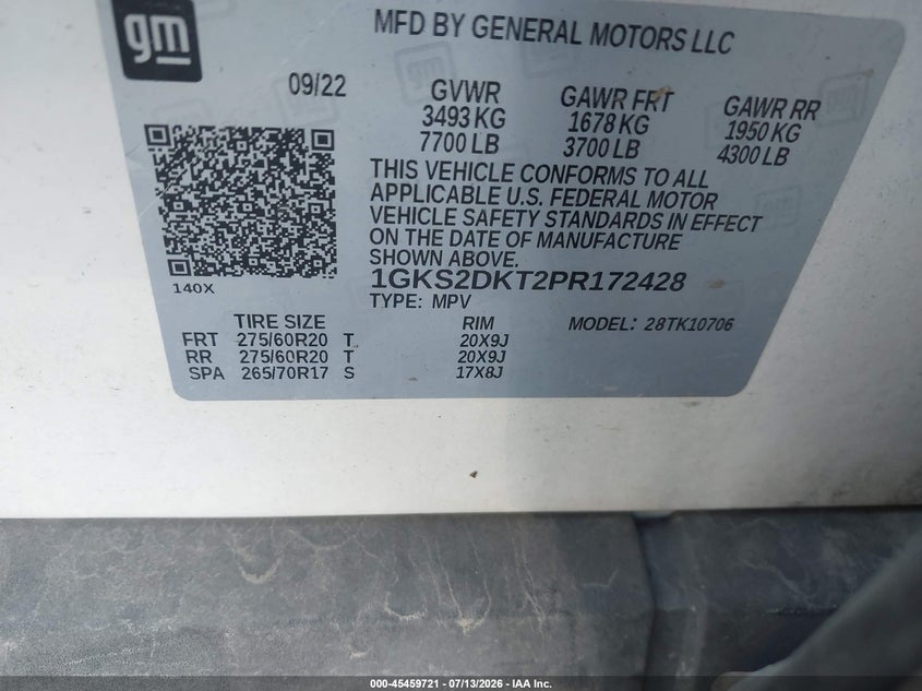 2023 Gmc Yukon VIN 1GKS2DKT2PR172428 IAAI salvage auction — FRONT END, Salvage (Arkansas), sold $14,700 on 2026-07-29 (photo 9)